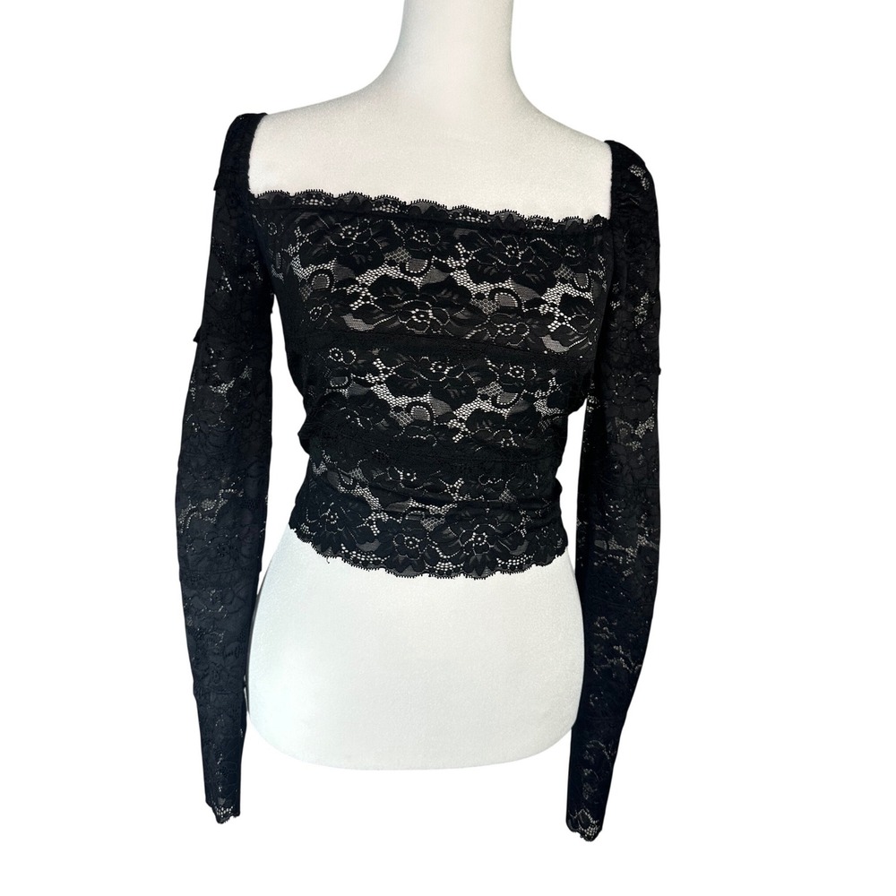 Guess Black Laced Floral Crop Top Long Sleeve Size XS
